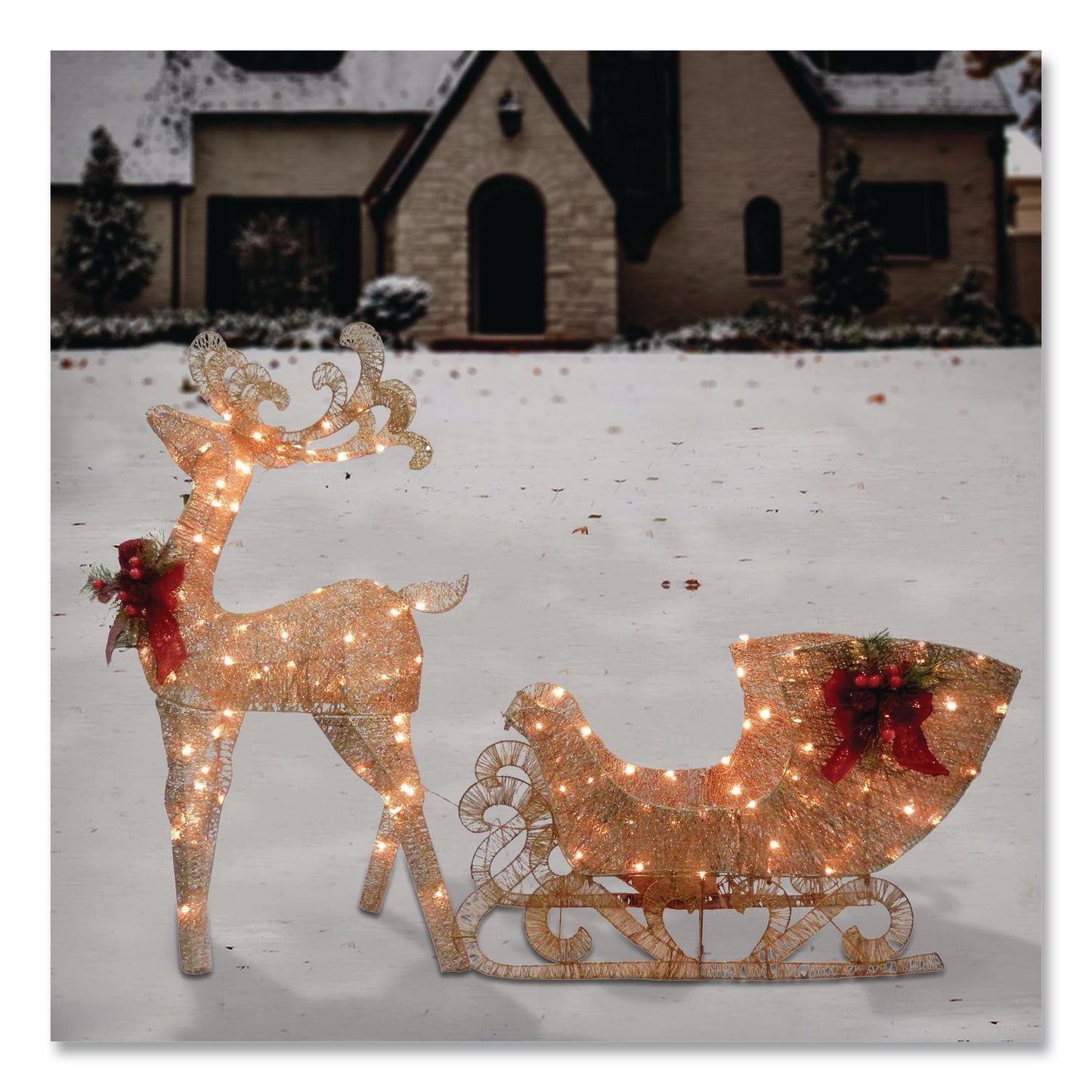 National Tree Company® Champagne Reindeer Pulling Sleigh, AC Power, Warm White LED Lights, 13.5" x 24" x 48" Reindeer, 13.5" x 38.5" x 24" Sleigh (NTTDF140009U)