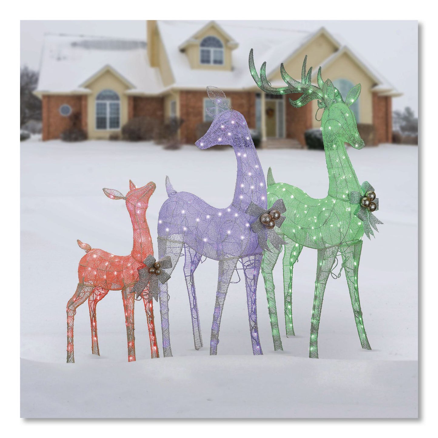 National Tree Company® Mesh Glittered Deer Family, AC Powered, Blue/Green/Red/Yellow LED Lights, 27" x 8.5" x 60", White (NTTDF340001LR)