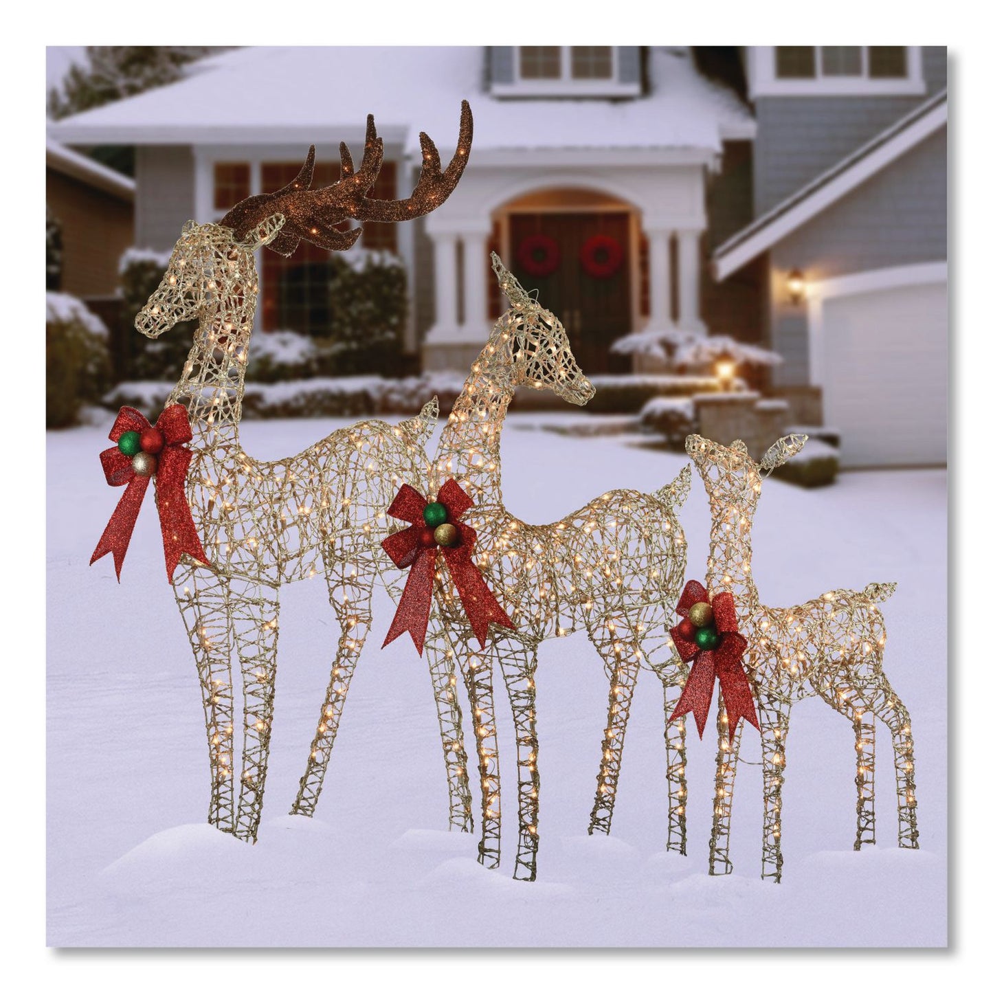 National Tree Company® Champagne Glitter Deer Family, AC Powered, Warm White LED Lights, 27" x 8.5" x 60", Champagne (NTTDF370001U)