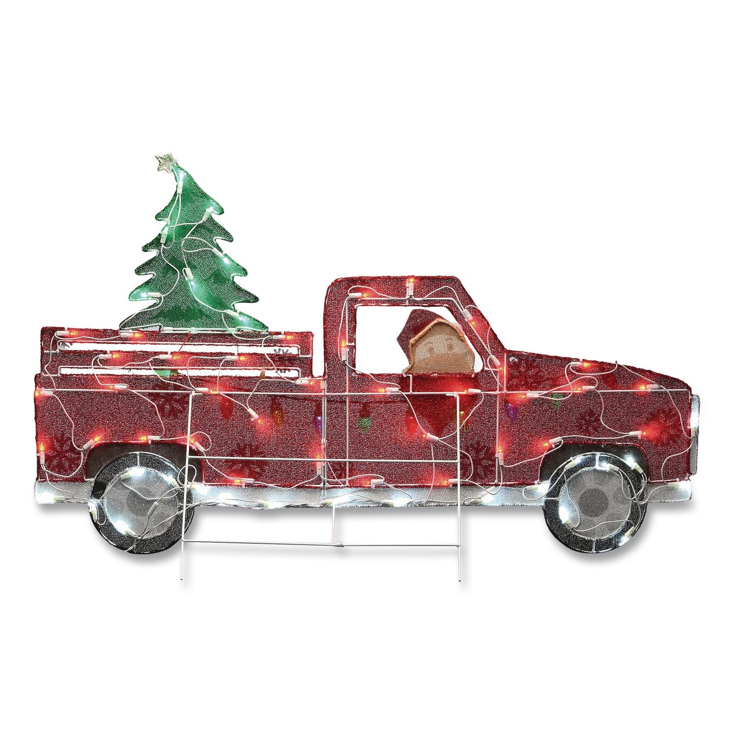 National Tree Company® Pre-Lit Santa in Red Truck, AC Powered, Blue/Green/Red/Yellow LED Lights, 11" x 46" x 27", Red (NTTDF21070018L)