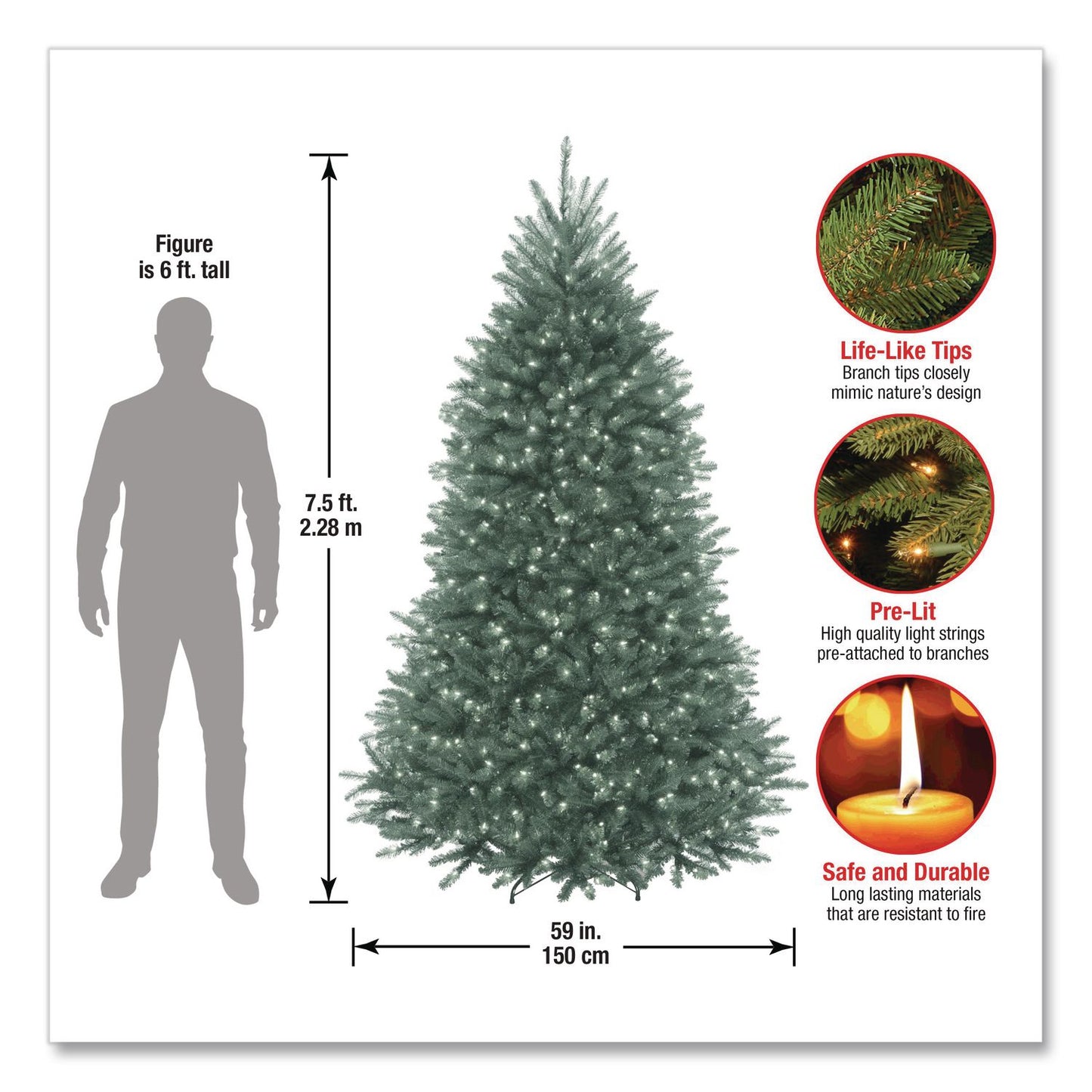 National Tree Company® Pre-Lit Dunhill Fir Blue Spruce Tree, 59" x 59" x 90", Blue Tree, Green Tree Stand (NTTDUBH75LO)