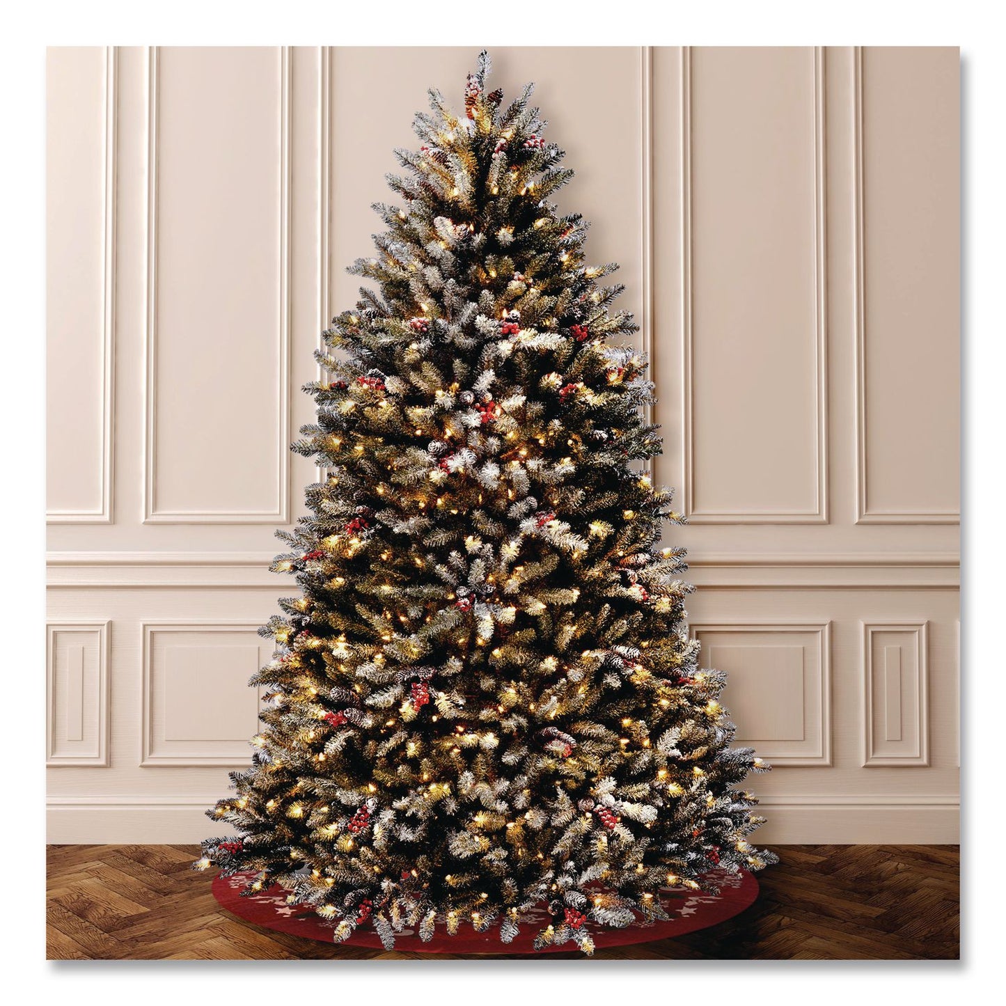 National Tree Company® Pre-Lit Dunhill Fir Snowy Tree, 53" x 53" x 78", Green Tree, Green Tree Stand (NTTDUF30065)