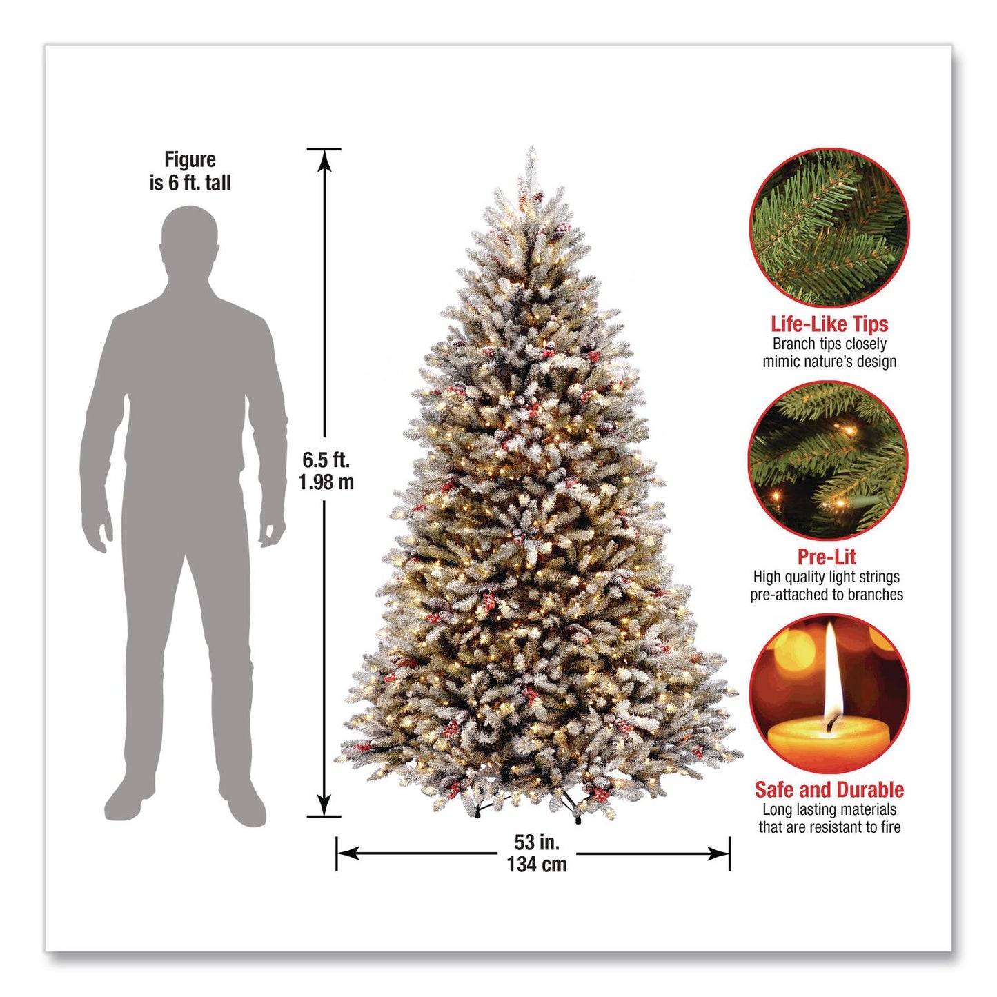 National Tree Company® Pre-Lit Dunhill Fir Snowy Tree, 53" x 53" x 78", Green Tree, Green Tree Stand (NTTDUF30065)