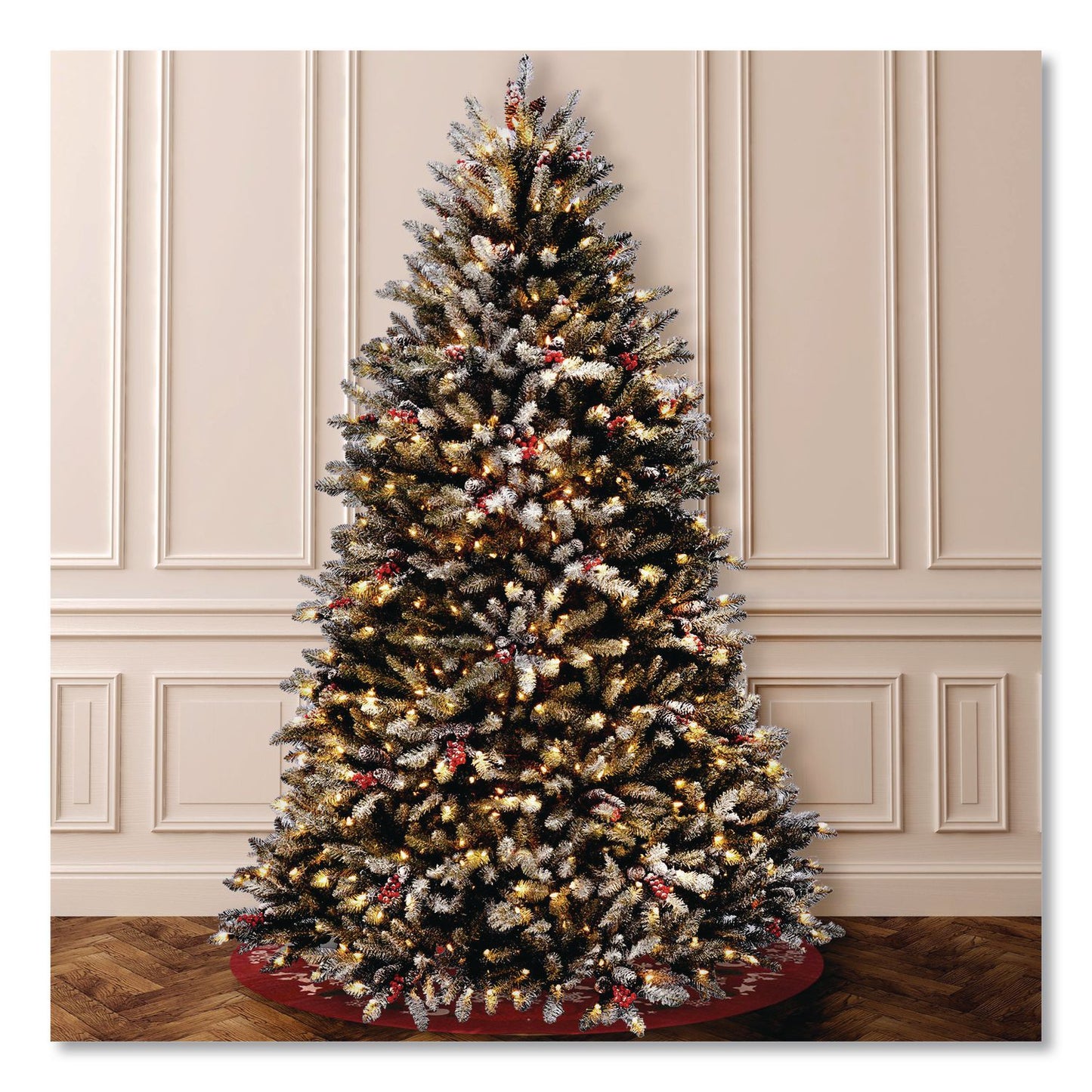 National Tree Company® Pre-Lit Dunhill Fir Snowy Tree, 55" x 55" x 84", Green Tree, Green Tree Stand (NTTDUF30070)
