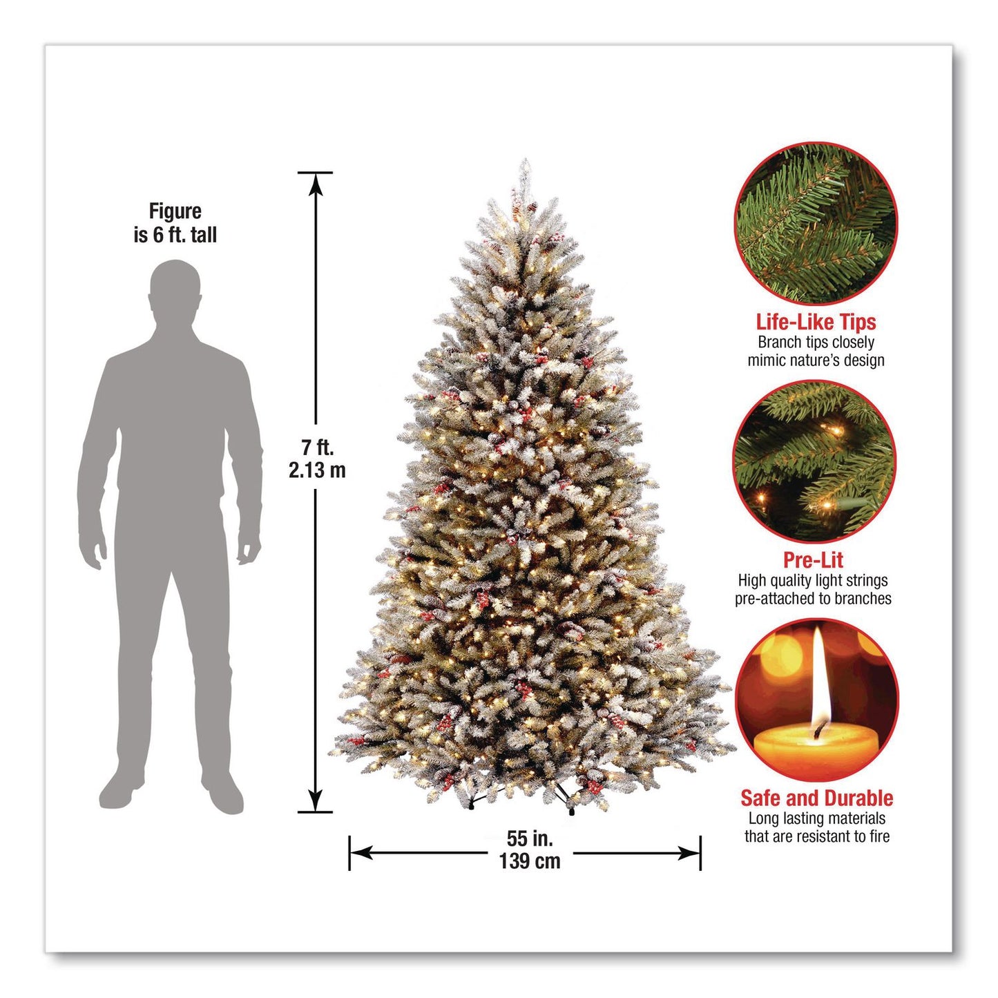 National Tree Company® Pre-Lit Dunhill Fir Snowy Tree, 55" x 55" x 84", Green Tree, Green Tree Stand (NTTDUF30070)
