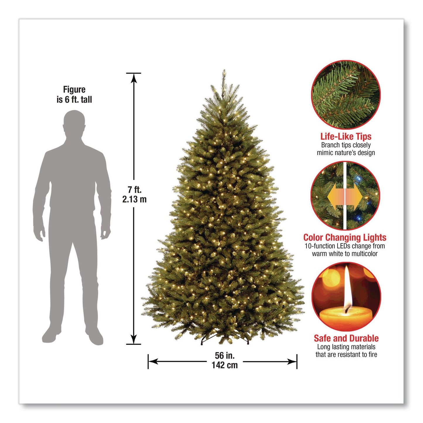 National Tree Company® Pre-Lit Dunhill Fir Tree with PowerConnect, Dual Color Lights, 52" x 52" x 84", Green Tree, Green Tree Stand (NTTDUH3D3070)