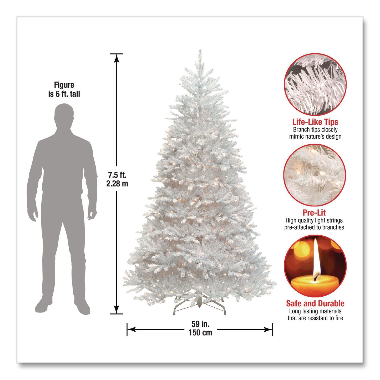 National Tree Company® Pre-Lit Dunhill Fir White Tree, 59" x 59" x 90", White Tree, White Tree Stand (NTTDUWH75LO)
