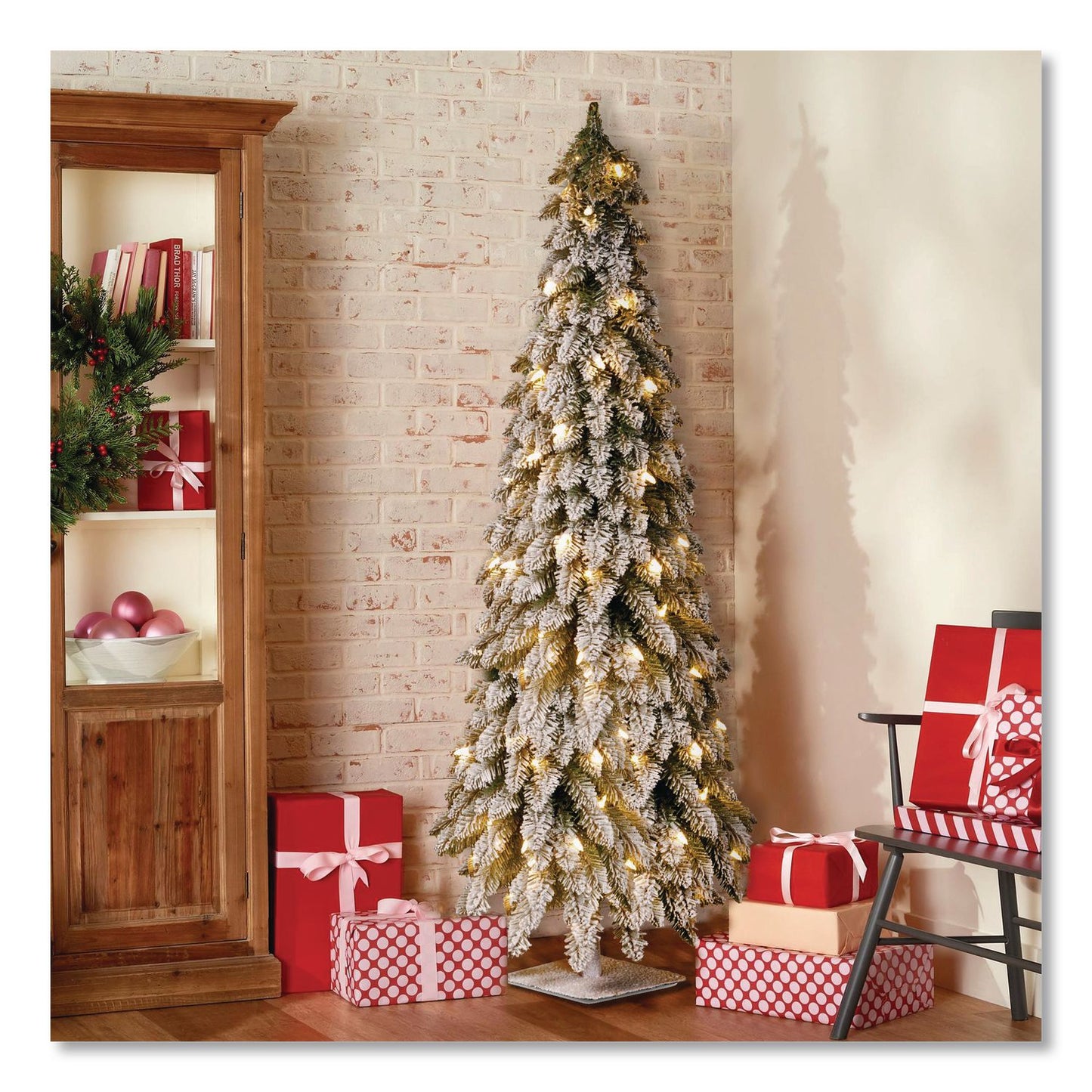 National Tree Company® Pre-Lit Snowy Downswept Forest Slim Tree, 19" x 19" x 60", Green Tree, White Square Metal Plate (NTTFTDF160ALO)