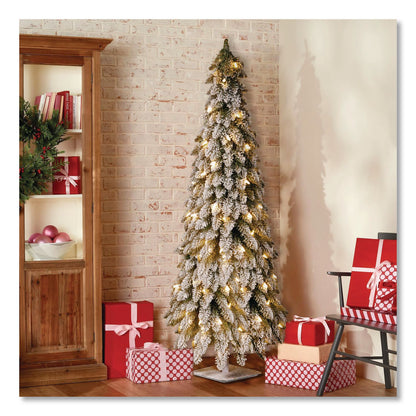 National Tree Company® Pre-Lit Snowy Downswept Forest Slim Tree, 19" x 19" x 60", Green Tree, White Square Metal Plate (NTTFTDF160ALO)