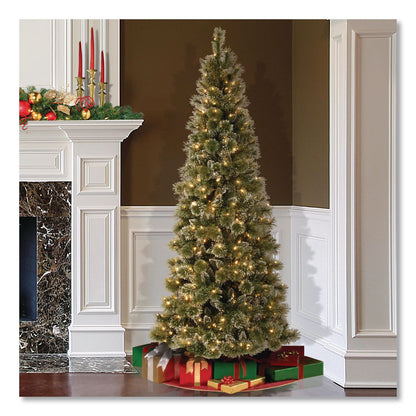 National Tree Company® Pre-Lit Glittery Bristle Slim Tree, 42" x 42" x 90", Green Tree, Green Tree Stand (NTTGB331975)