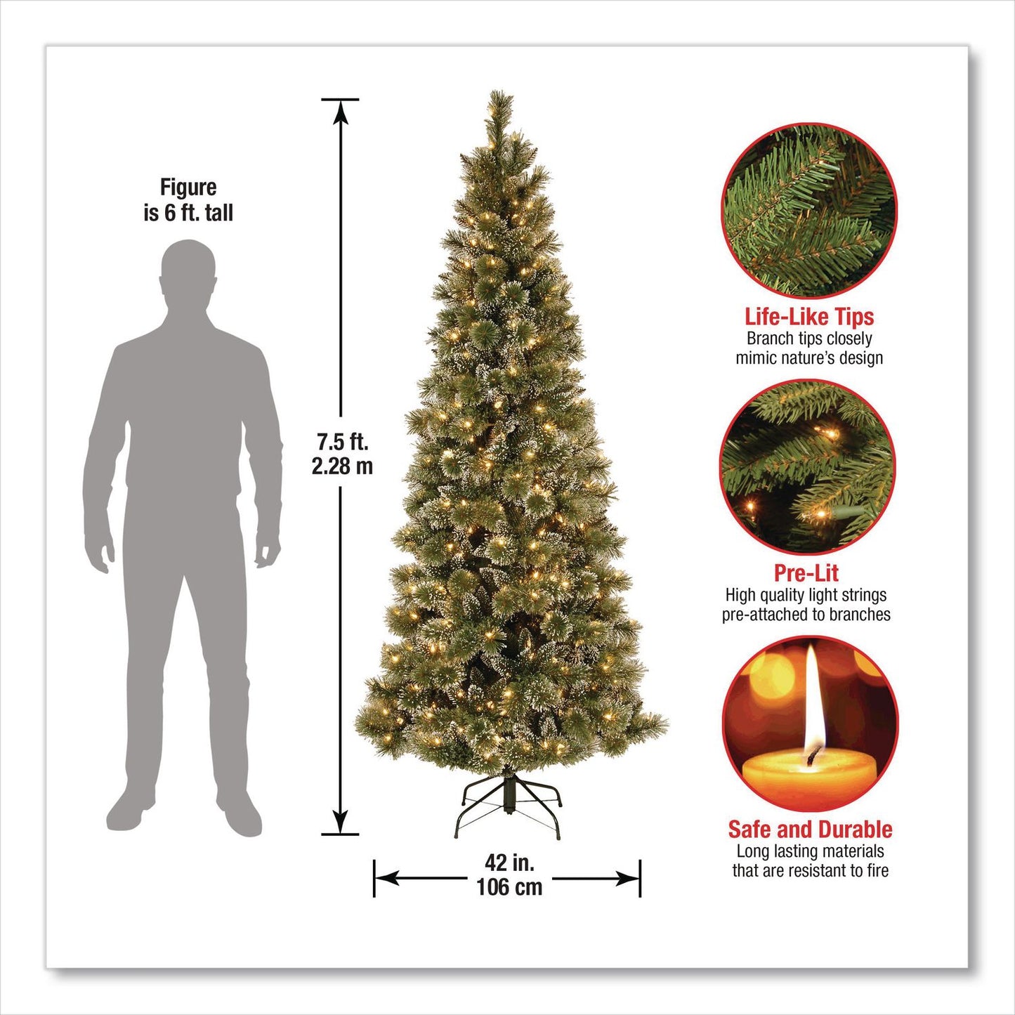 National Tree Company® Pre-Lit Glittery Bristle Slim Tree, 42" x 42" x 90", Green Tree, Green Tree Stand (NTTGB331975)