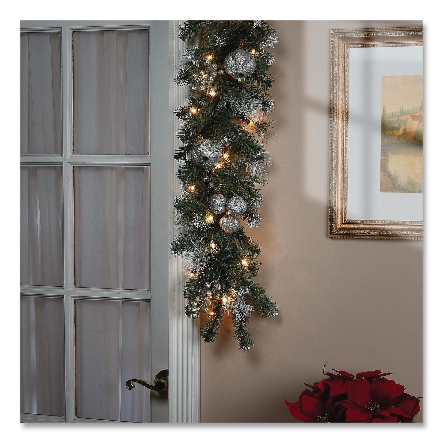National Tree Company® Pre-Lit Glittery Pine Pomegranate Garland, AC Powered, Clear Incandescent Lights, 108" Long, Green (NTTGTP13029B1)