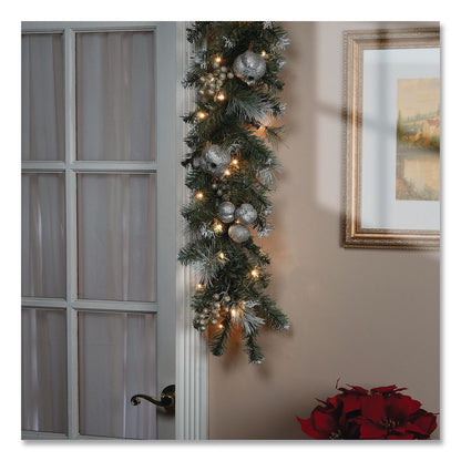 National Tree Company® Pre-Lit Glittery Pine Pomegranate Garland, AC Powered, Clear Incandescent Lights, 108" Long, Green (NTTGTP13029B1)