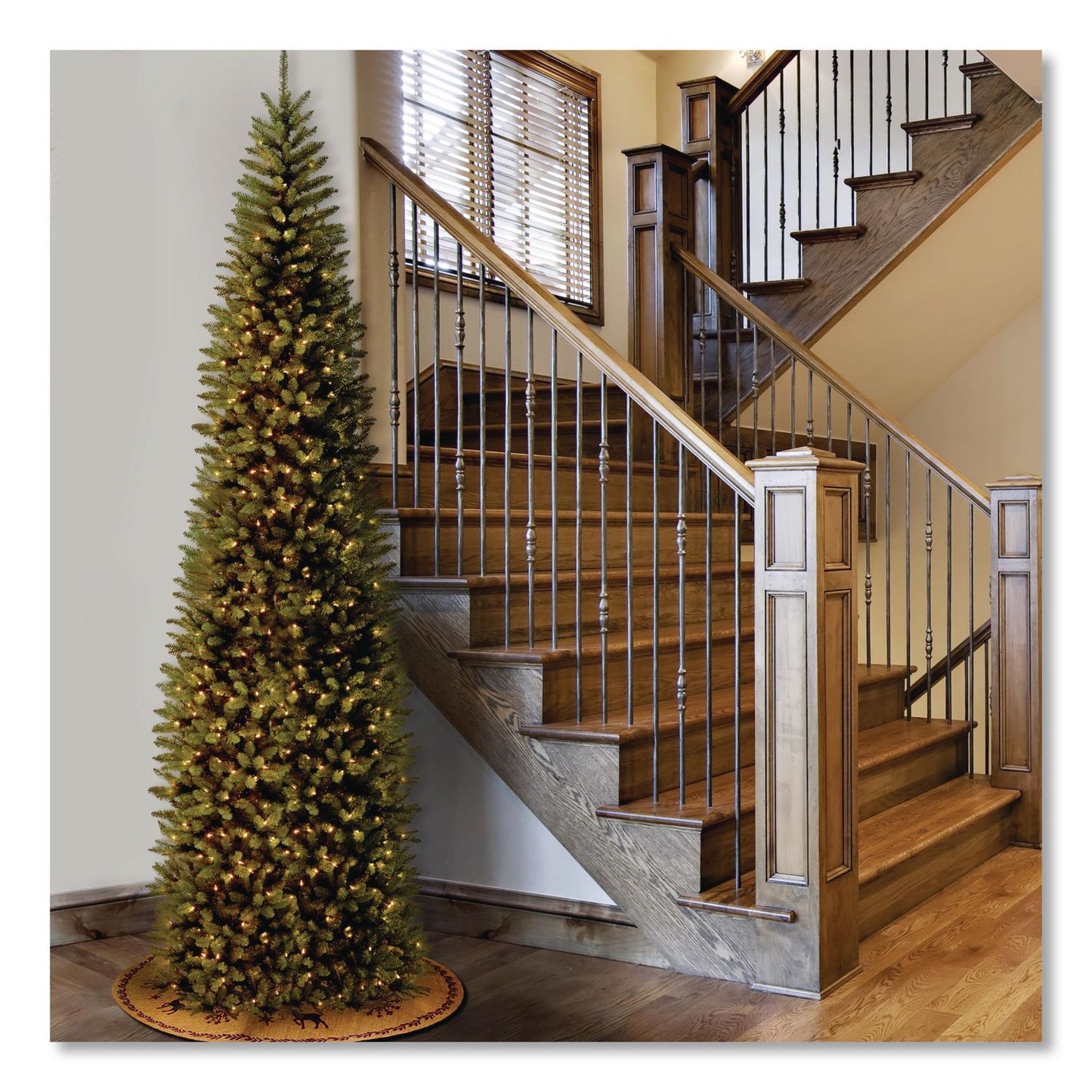 National Tree Company® Pre-Lit Kingswood Fir Pencil Slim Tree, 37" x 37" x 120", Green Tree, Green Tree Stand (NTTKW7300100)