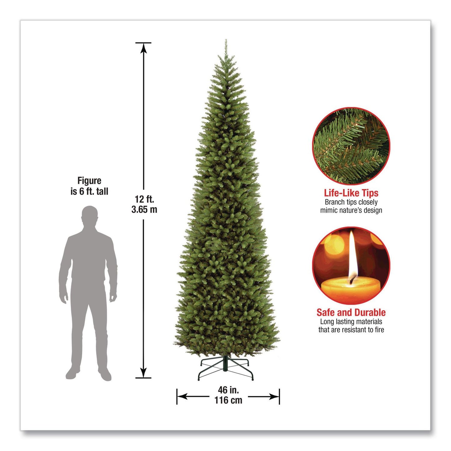National Tree Company® Kingswood Fir Pencil Tree, 46" x 46" x 144", Green Tree, Green Tree Stand (NTTKW7500120)