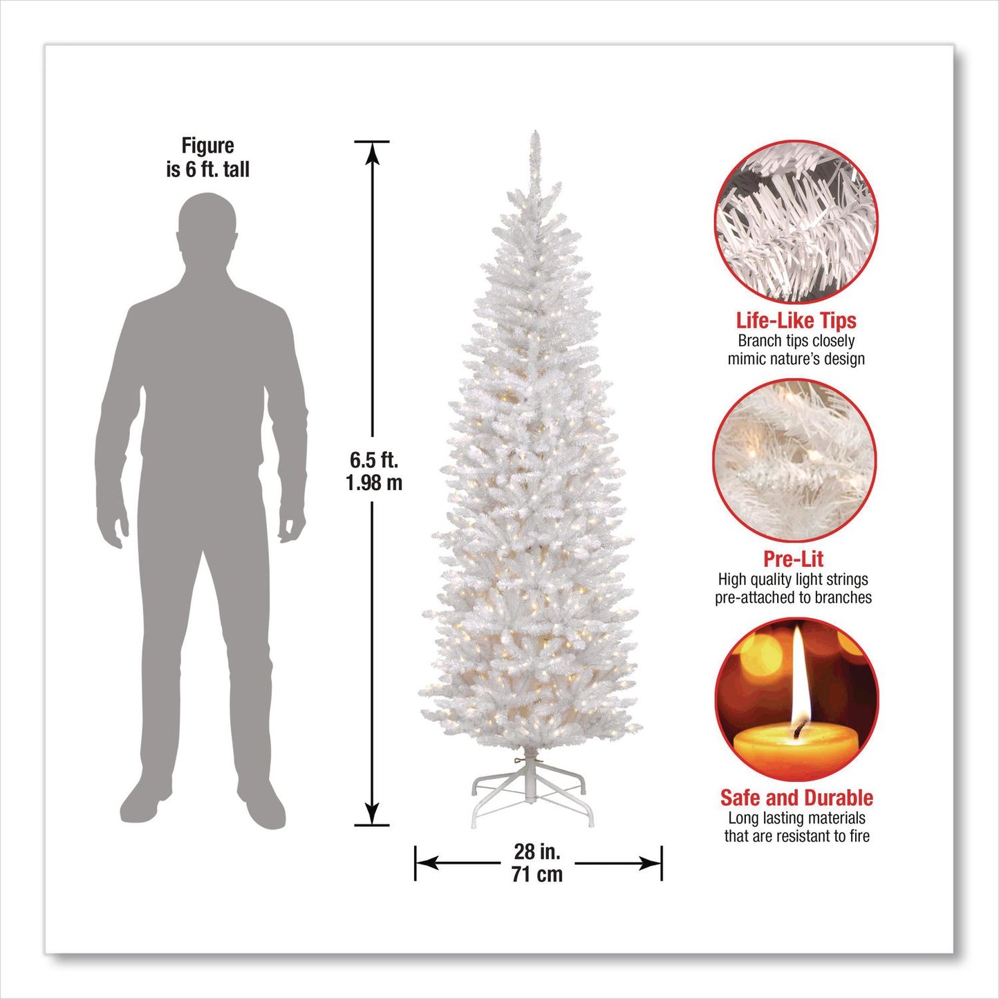 National Tree Company® Pre-Lit Kingswood Fir Pencil Tree, 28" x 28" x 78", White Tree, White Tree Stand (NTTKWW730065)