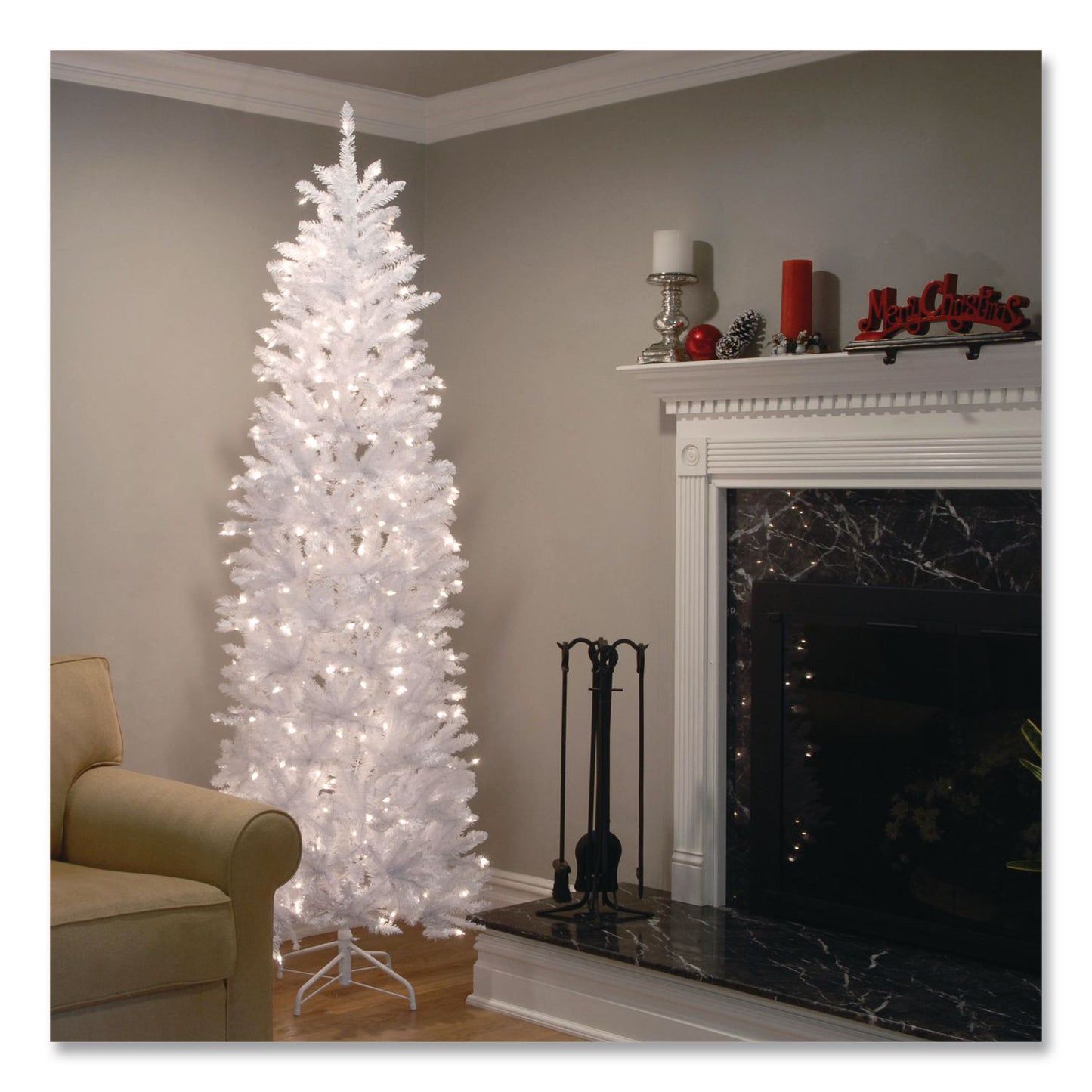 National Tree Company® Pre-Lit Kingswood Fir Pencil Slim Tree, 35" x 35" x 108", White Tree, White Tree Stand (NTTKWW730090)