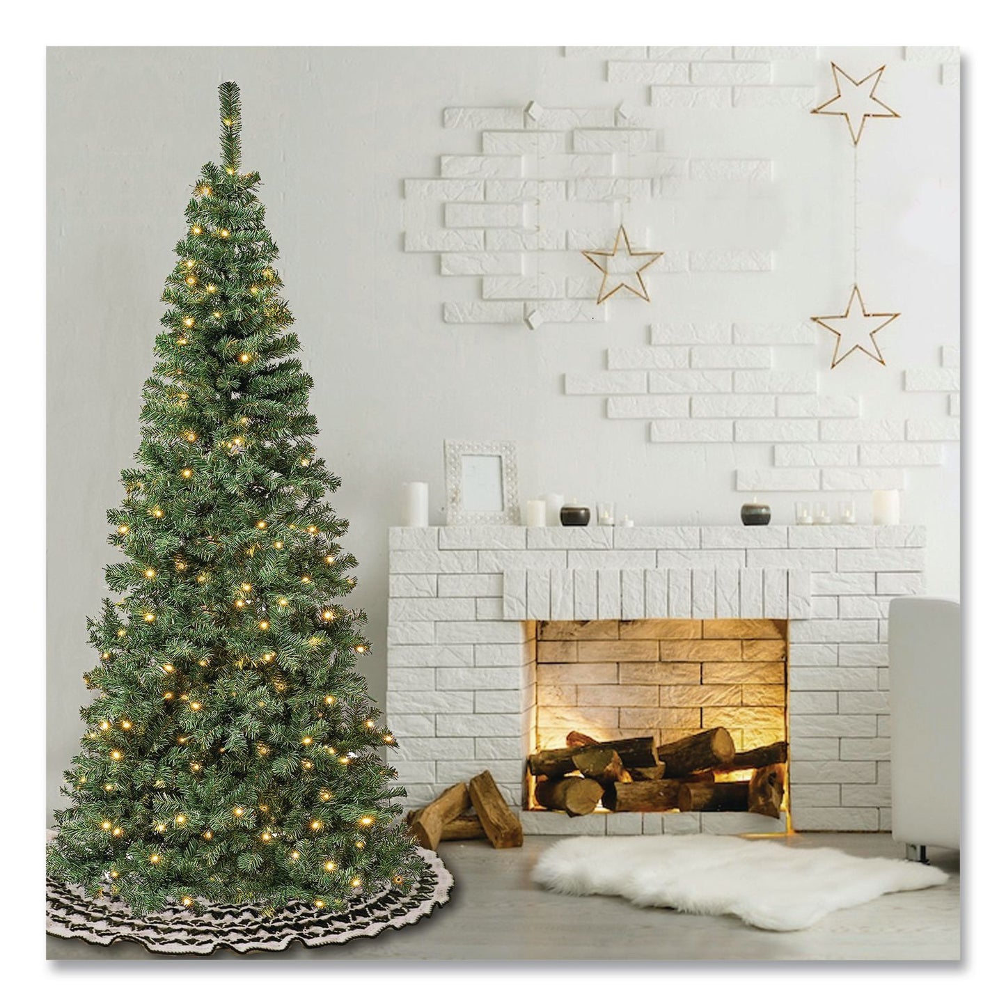 National Tree Company® Pre-Lit Linden Spruce Slim Tree, 31" x 31" x 90", Green Tree, Green Tree Stand (NTTLIN8304L75)