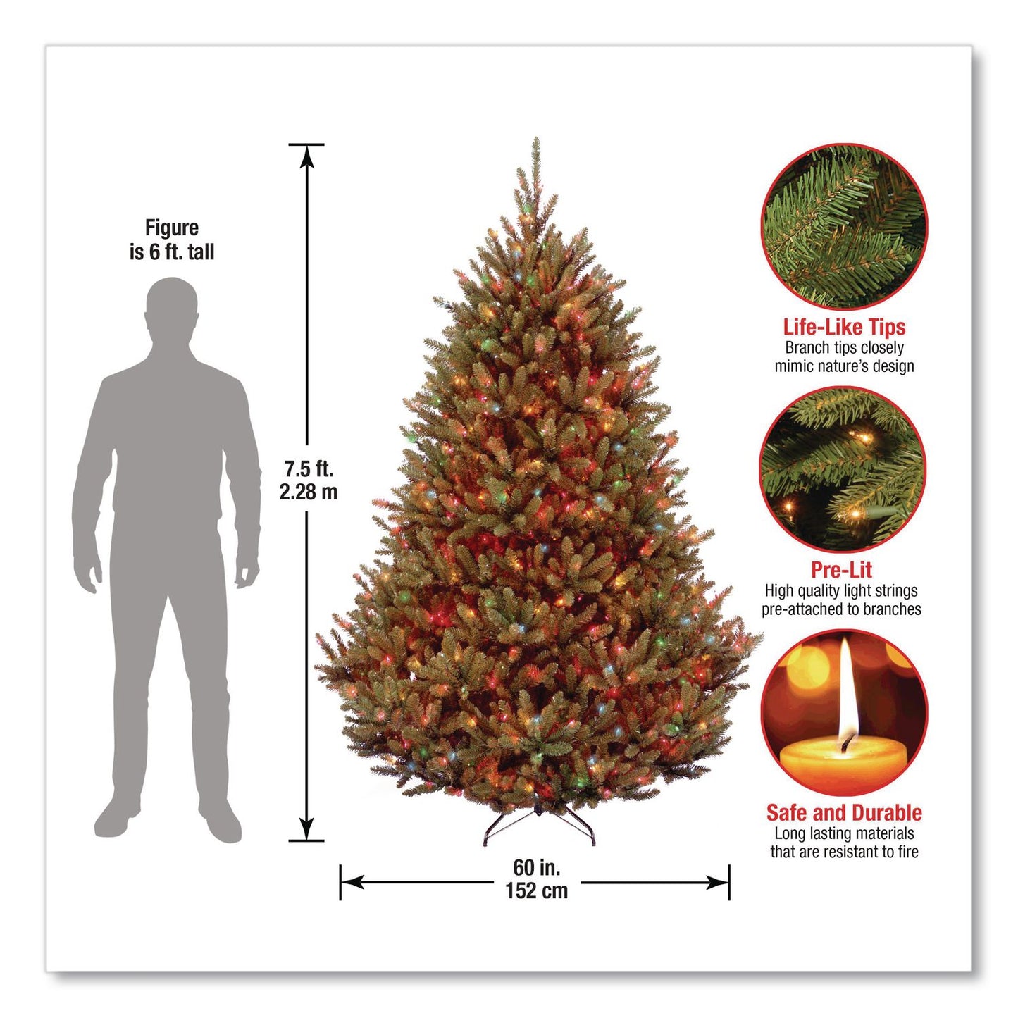 National Tree Company® Pre-Lit Natural Fraser Fir Tree, 60" x 60" x 90", Green Tree, Green Tree Stand (NTTNAFFMH175RLO)