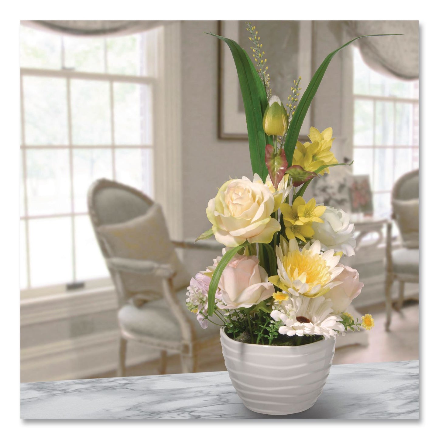 National Tree Company® Spring White Daises and Roses Flowerpot, 9" x 9" x 17", White Flowers, White Pot (NTTNF365521)