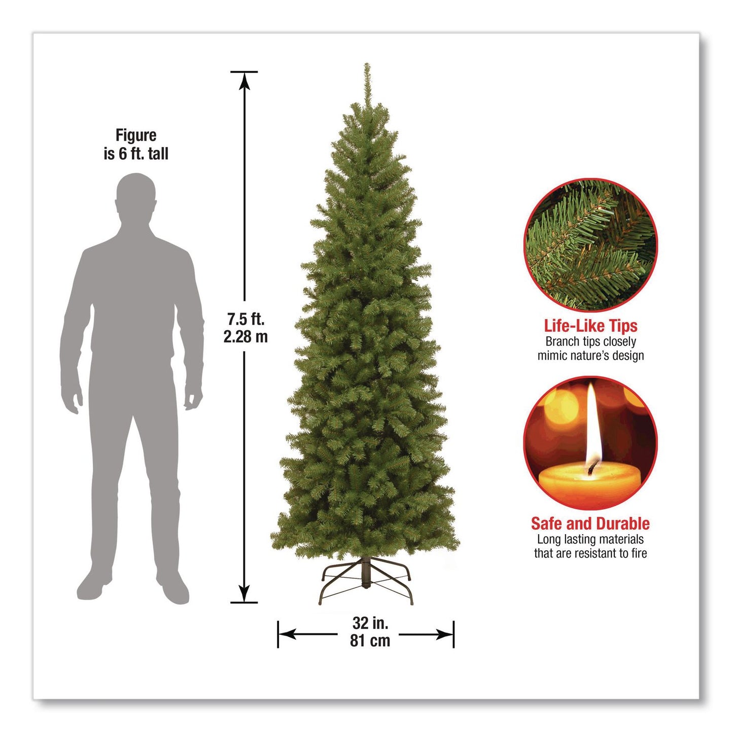 National Tree Company® North Valley Spruce Pencil Slim Tree, 32" x 32" x 90", Green Tree, Green Tree Stand (NTTNRV750575)