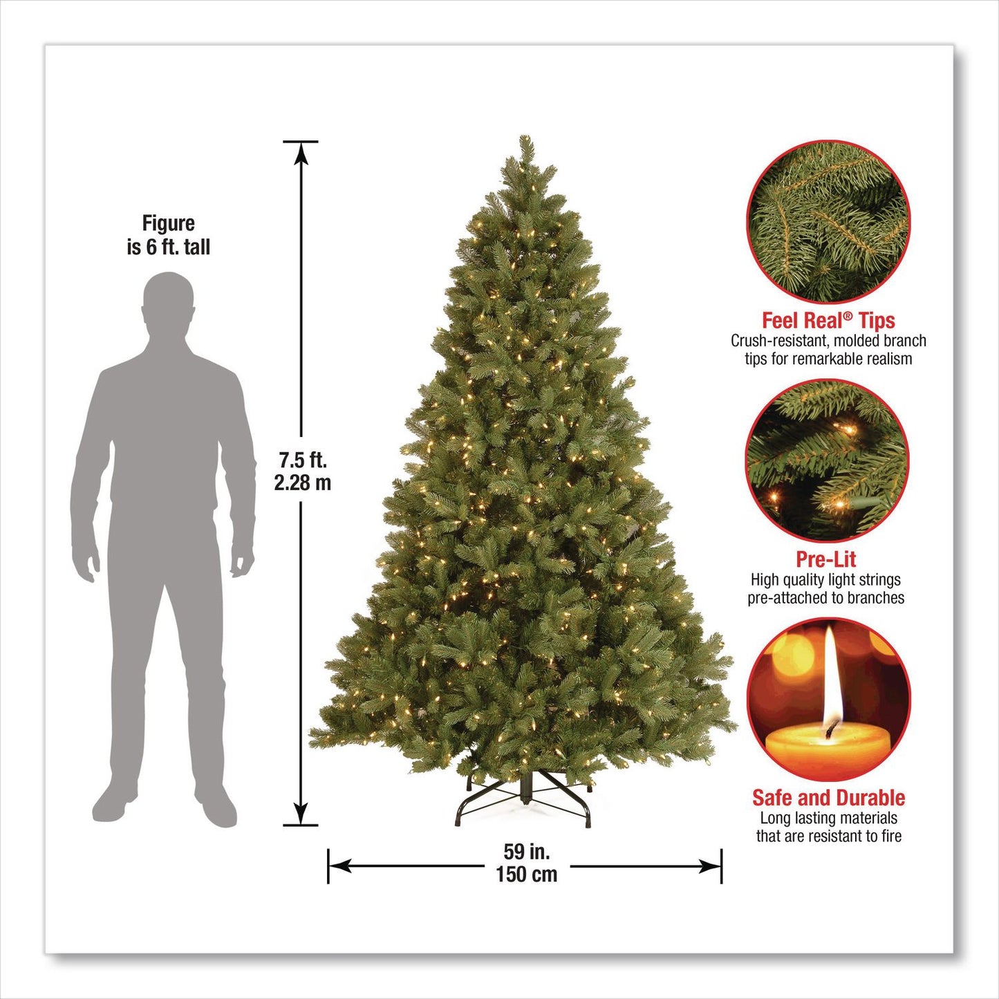National Tree Company® Pre-Lit Downswept Douglas Fir Tree, 59" x 59" x 90", Green Tree, Green Tree Stand (NTTPEDD131275)