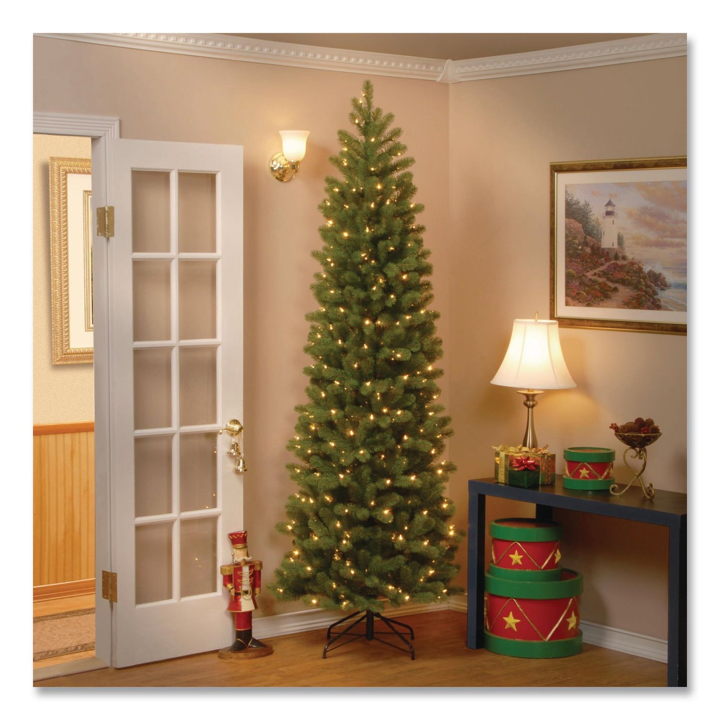 National Tree Company® Pre-Lit Downswept Douglas Fir Pencil Slim Tree, 35" x 35" x 108", Green Tree, Green Tree Stand (NTTPEDD439290)