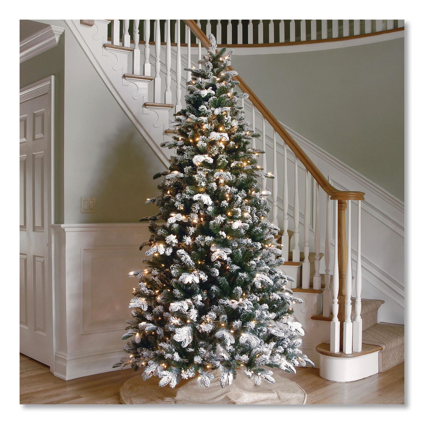 National Tree Company® Pre-Lit Snowy Everest Fir, 64" x 64" x 108", Green Tree, Green Tree Stand (NTTPEV331190)