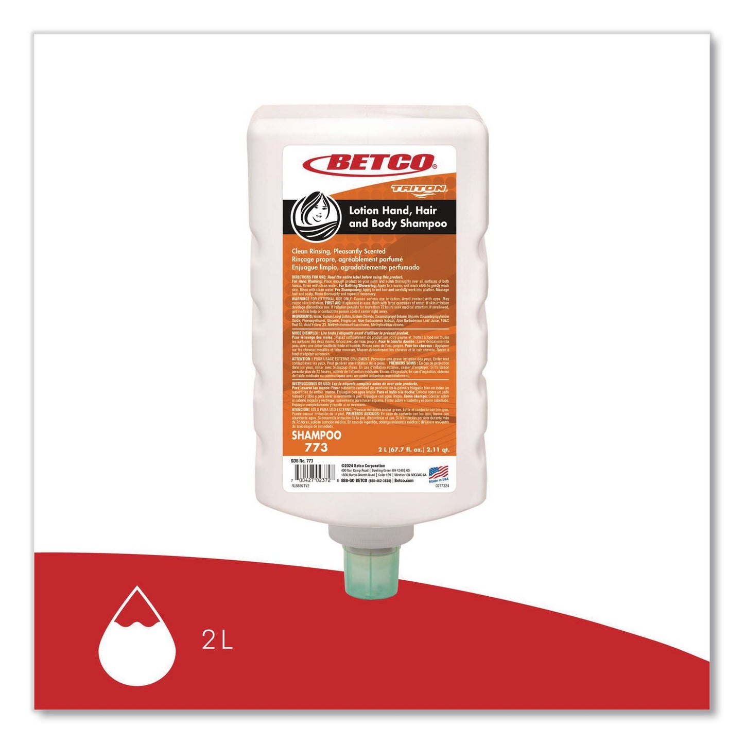 Betco® Lotion Hand, Hair and Body Shampoo, Mandarin Grapefruit Scent, 2 L Bottle, 6/Carton (BET7736200)