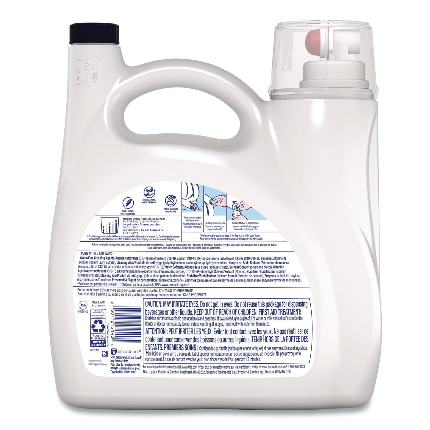 Tide® Free and Gentle Liquid Laundry Detergent, HE Compatible, 100 Loads, 132 oz Bottle, 4/Carton (PGC12140)