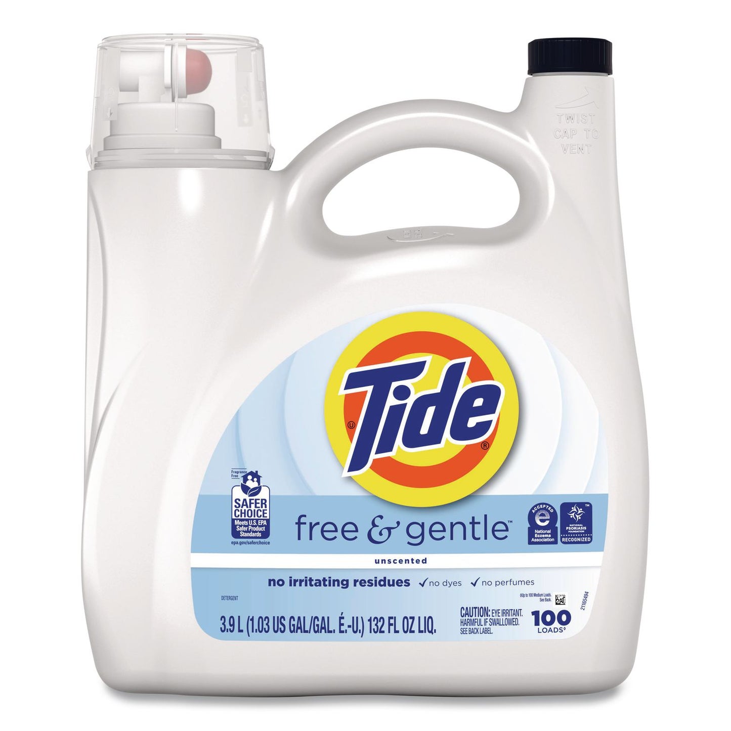 Tide® Free and Gentle Liquid Laundry Detergent, HE Compatible, 100 Loads, 132 oz Bottle, 4/Carton (PGC12140)