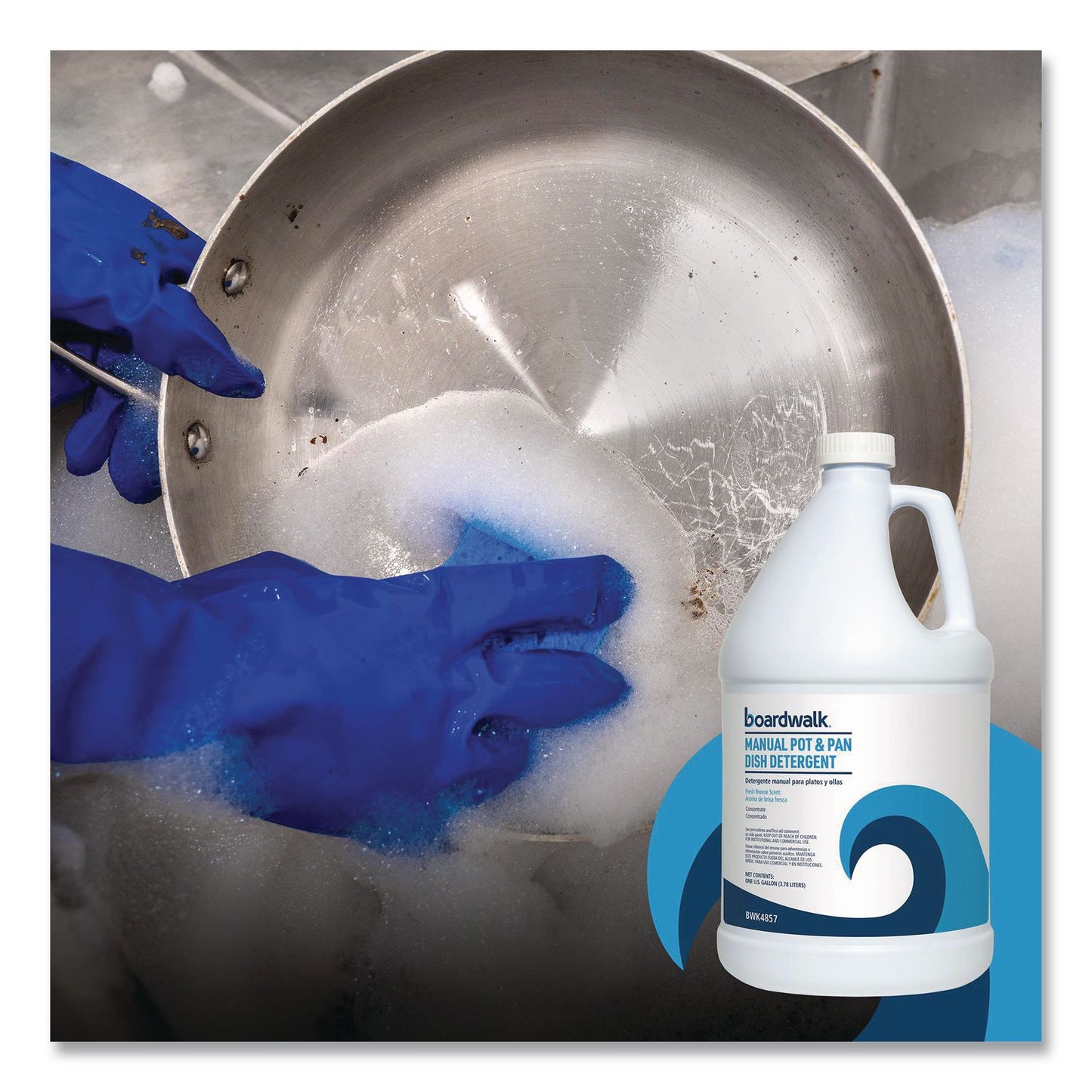 Boardwalk® Manual Pot and Pan Dish Detergent, Fresh Breeze Scent, 1 gal Bottle, 4/Carton (BWK4857)