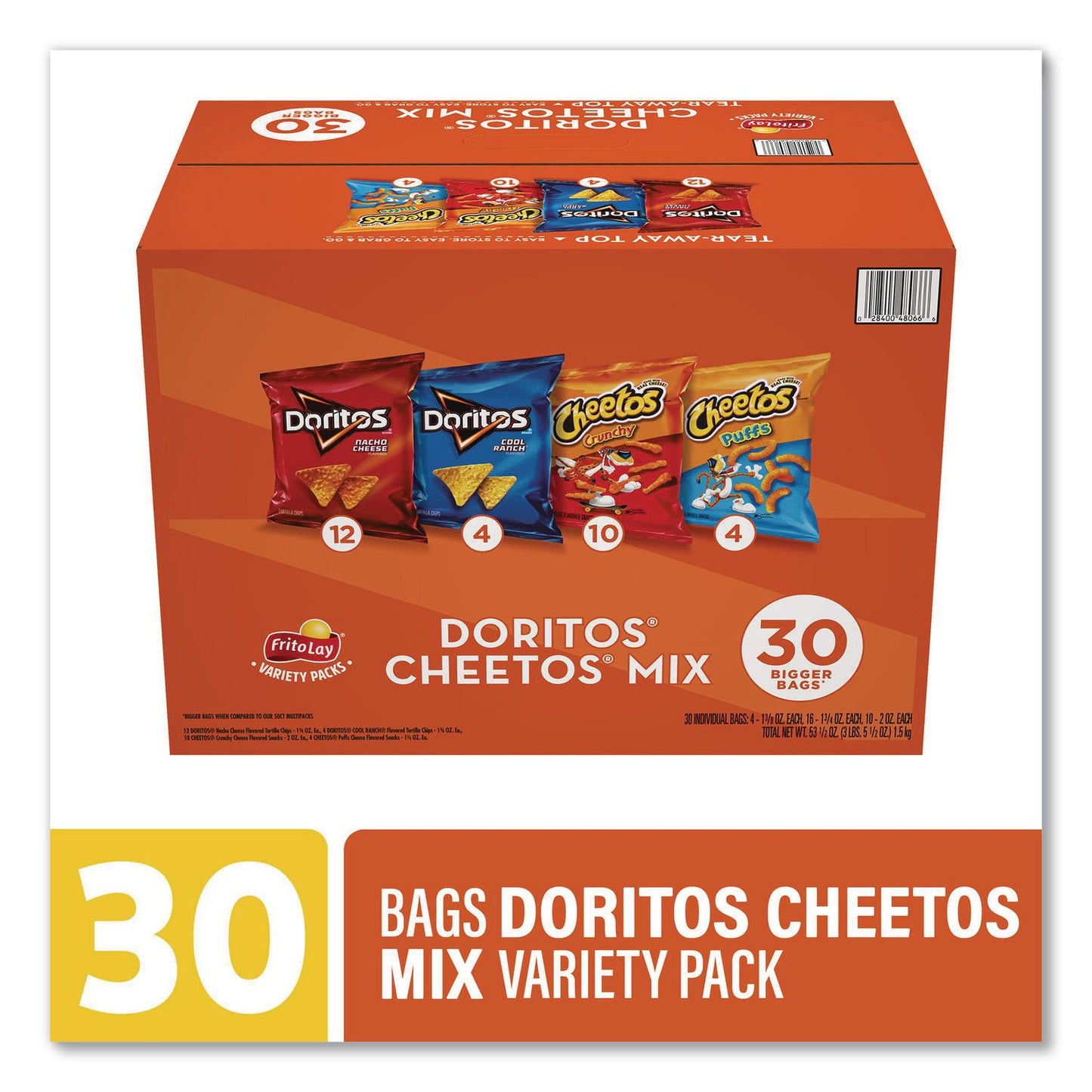 Frito-Lay Doritos and Cheetos Variety Pack, Assorted Flavors, Assorted Sizes, 30 Bags/Carton (GRR22002673)