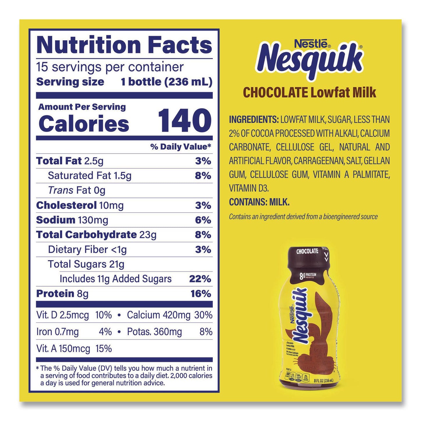Nestlé® Nesquik Chocolate Lowfat Milk, 8 oz Bottle, 15/Carton (GRR22002681)