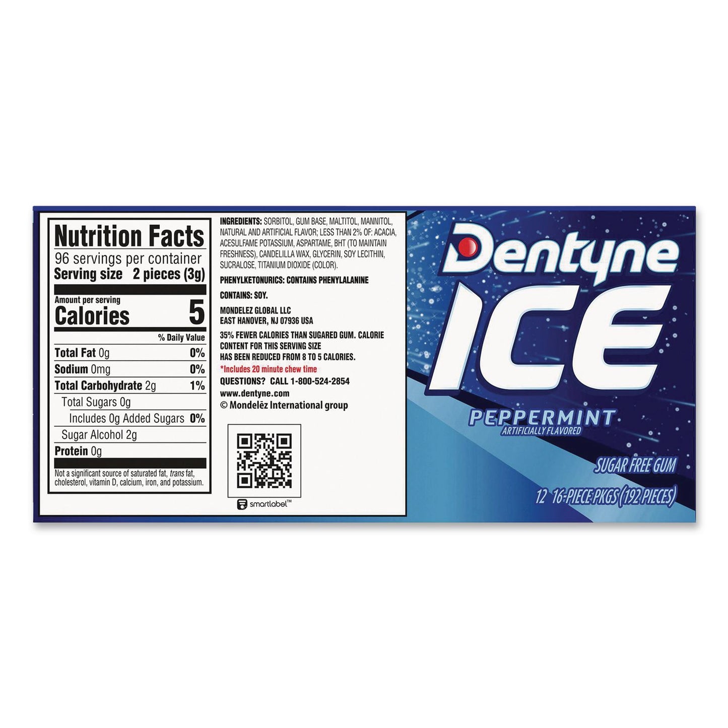 Dentyne Ice® Sugarless Gum, Peppermint Flavor, 16 Pieces/Pack, 12 Packs/Carton (GRR22002647)