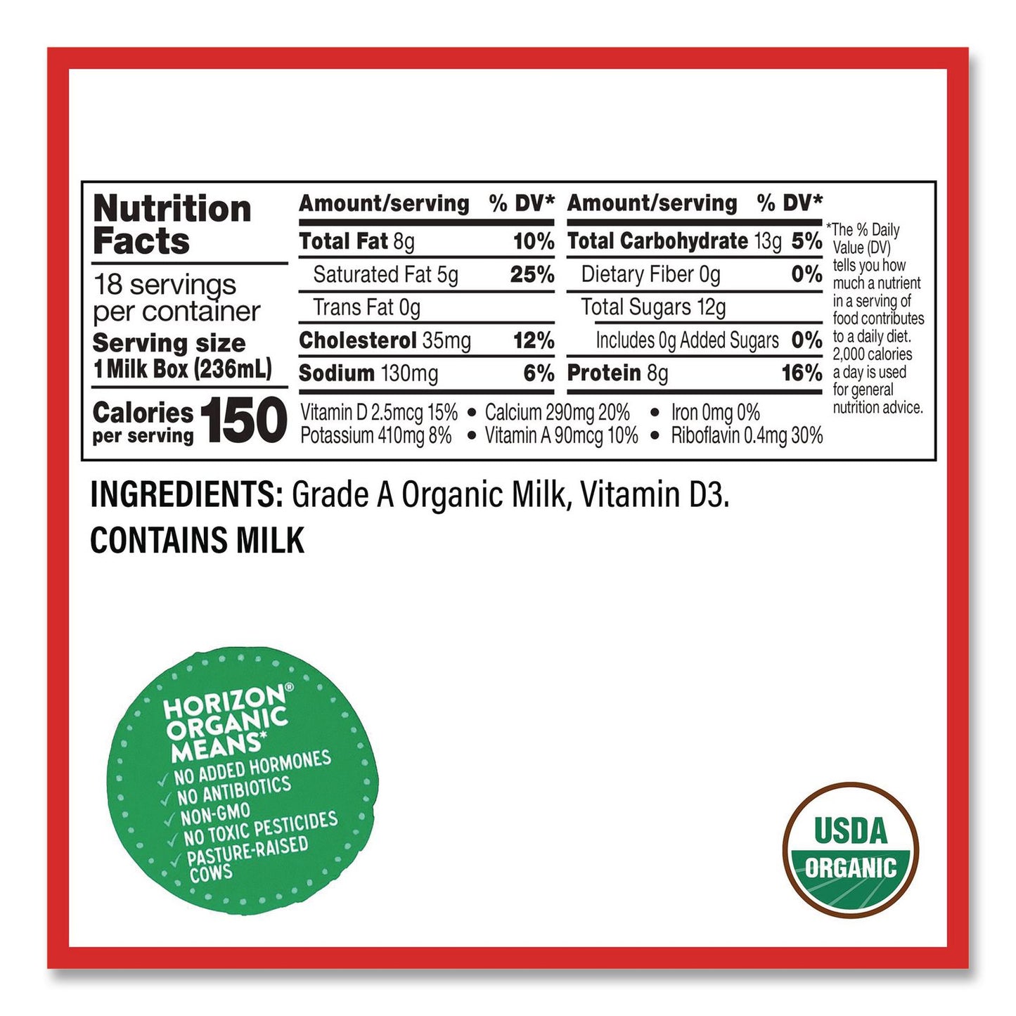 Horizon Organic Shelf-Stable Whole Milk Boxes, 8 oz Box, 18/Carton (GRR22002680)