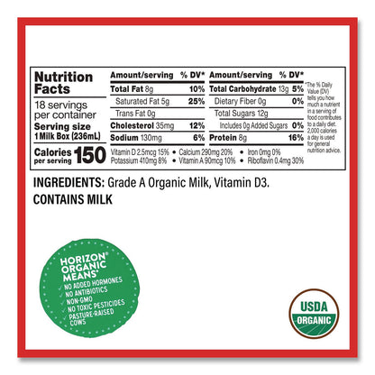 Horizon Organic Shelf-Stable Whole Milk Boxes, 8 oz Box, 18/Carton (GRR22002680)