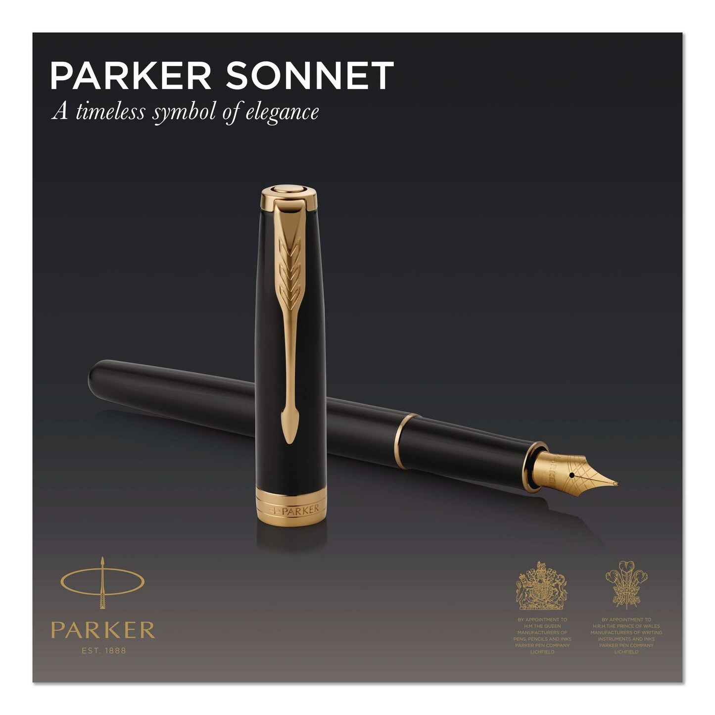 Parker® Sonnet Fountain Pen, with Gift Box, Medium 1 mm, Black Ink, Black/Gold Barrel (PAR1931495)