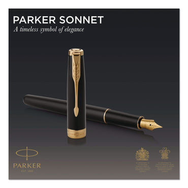 Parker® Sonnet Fountain Pen, with Gift Box, Medium 1 mm, Black Ink, Black/Gold Barrel (PAR1931495)