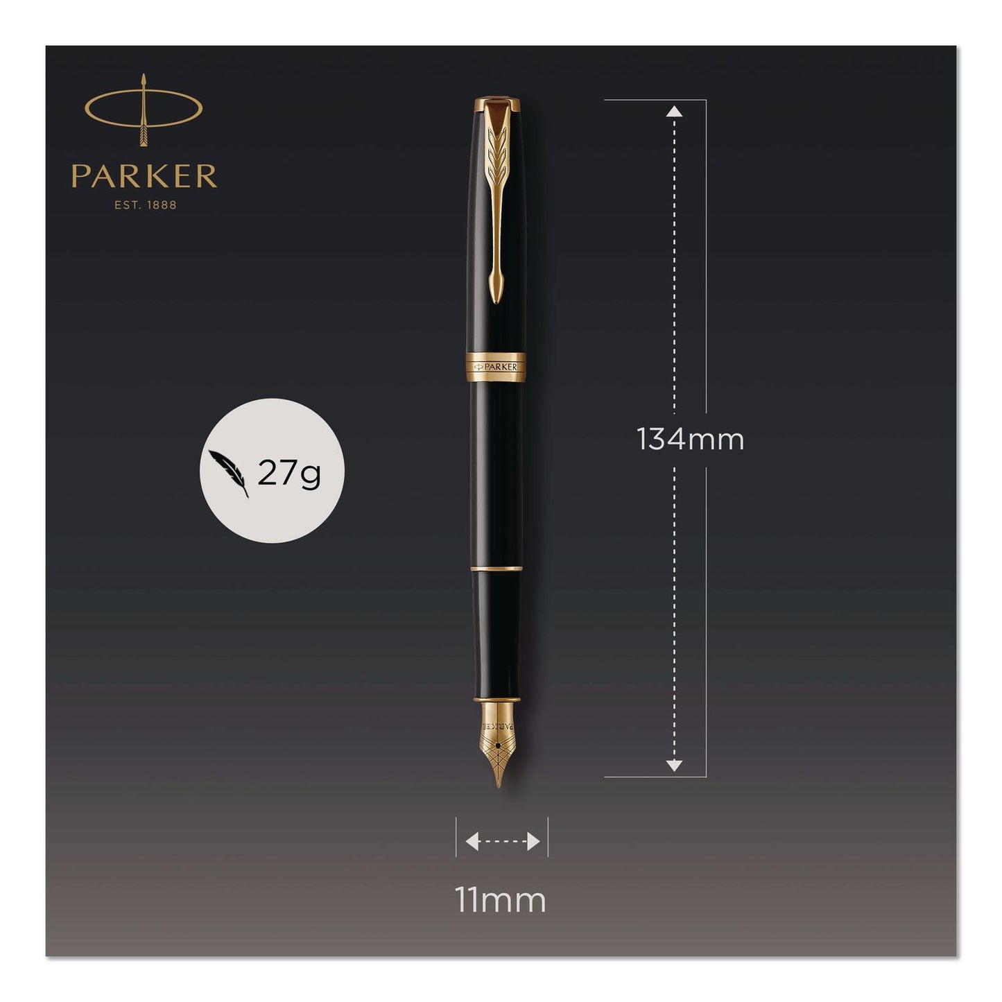 Parker® Sonnet Fountain Pen, with Gift Box, Medium 1 mm, Black Ink, Black/Gold Barrel (PAR1931495)