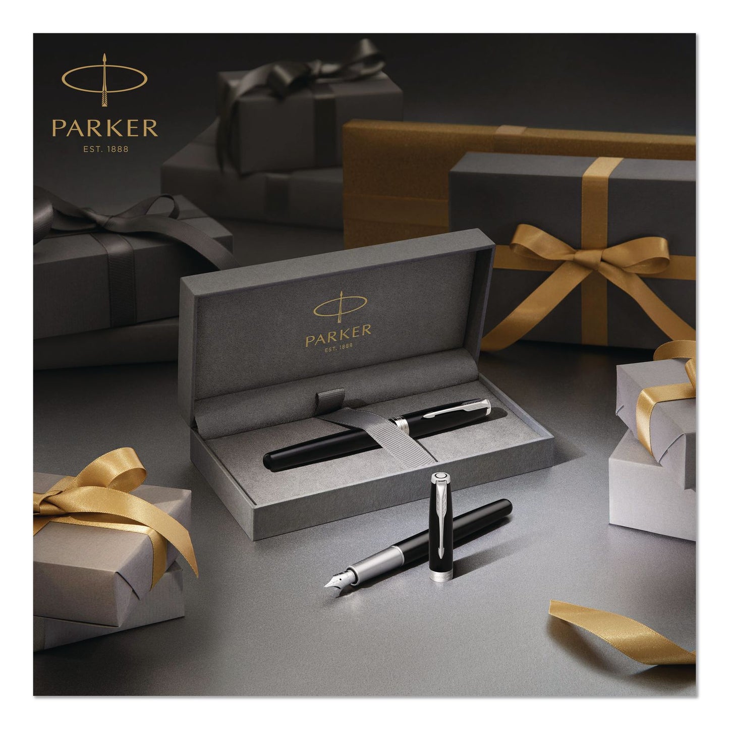 Parker® Sonnet Fountain Pen, with Gift Box, Medium 1 mm, Black Ink, Black/Gold Barrel (PAR1931495)