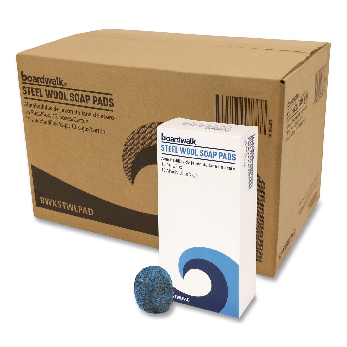 Boardwalk® Steel Wool Soap Pads, 3" x 2.5", Blue, 15 Pads/Box, 12 Boxes/Carton (BWKSTWLPAD)