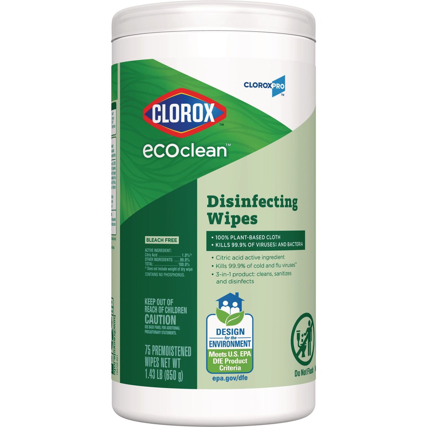 Clorox® CloroxPro EcoClean Disinfecting Wipes, 1-Ply, 7 x 8, Unscented, White, 3/Carton (CLO60787CT)