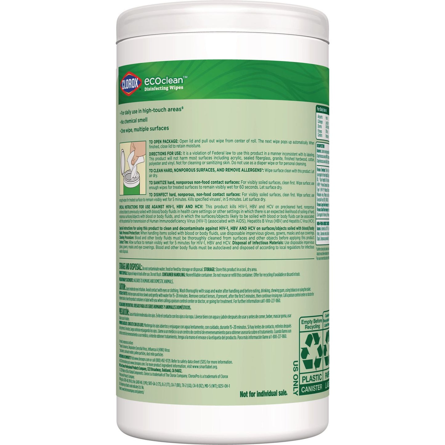 Clorox® CloroxPro EcoClean Disinfecting Wipes, 1-Ply, 7 x 8, Unscented, White, 3/Carton (CLO60787CT)