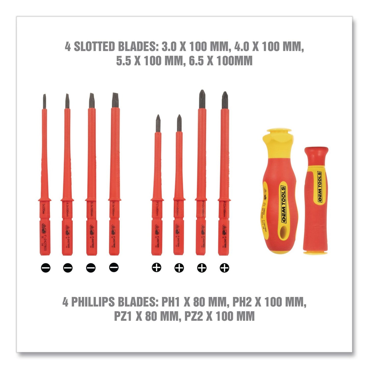OEMTOOLS® Insulated 10-Piece Interchangeable Bit Screwdriver Set, Metric Phillips and Slotted Blade Bits, Orange/Yellow Handle (GNS22593)