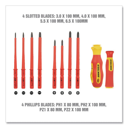OEMTOOLS® Insulated 10-Piece Interchangeable Bit Screwdriver Set, Metric Phillips and Slotted Blade Bits, Orange/Yellow Handle (GNS22593)