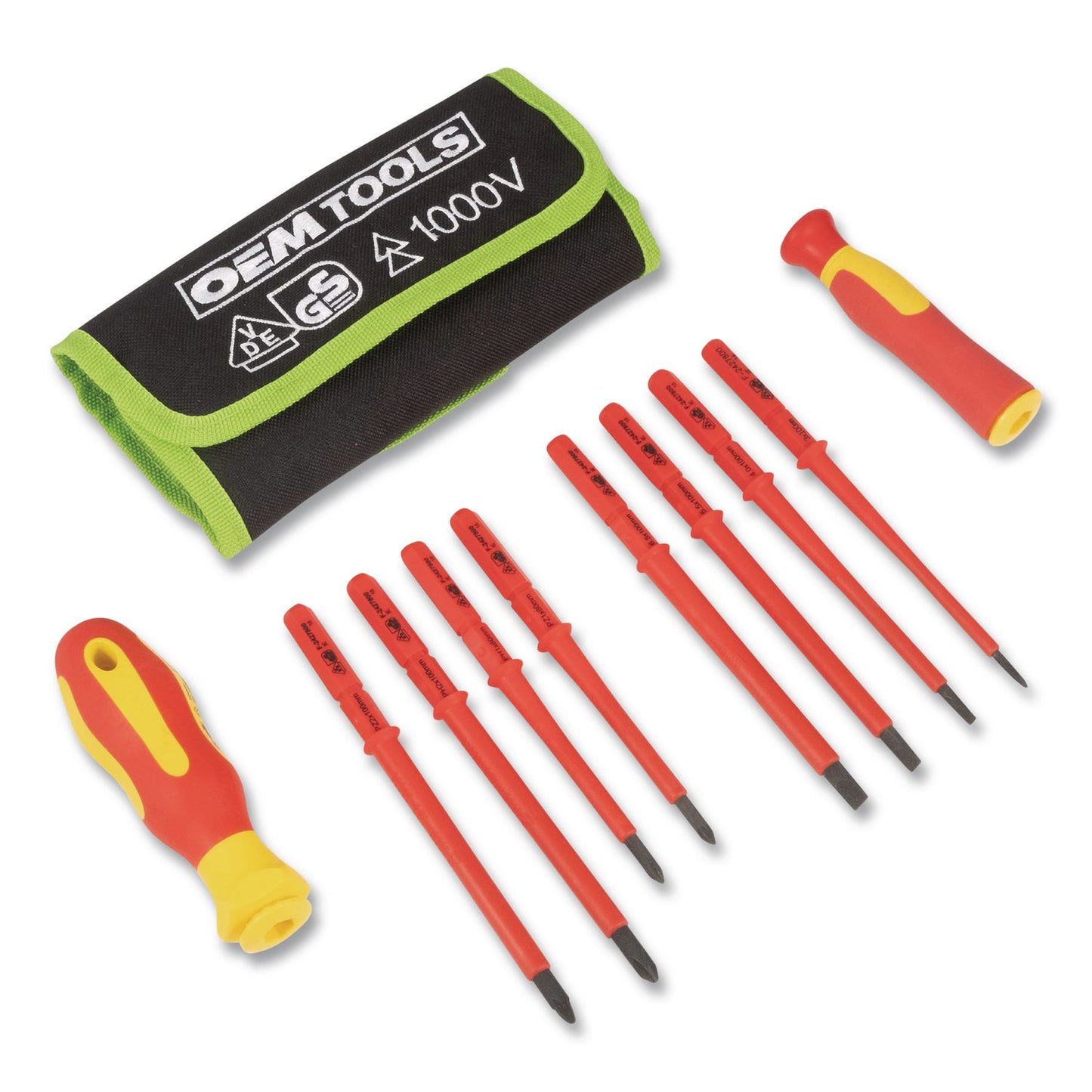 OEMTOOLS® Insulated 10-Piece Interchangeable Bit Screwdriver Set, Metric Phillips and Slotted Blade Bits, Orange/Yellow Handle (GNS22593)