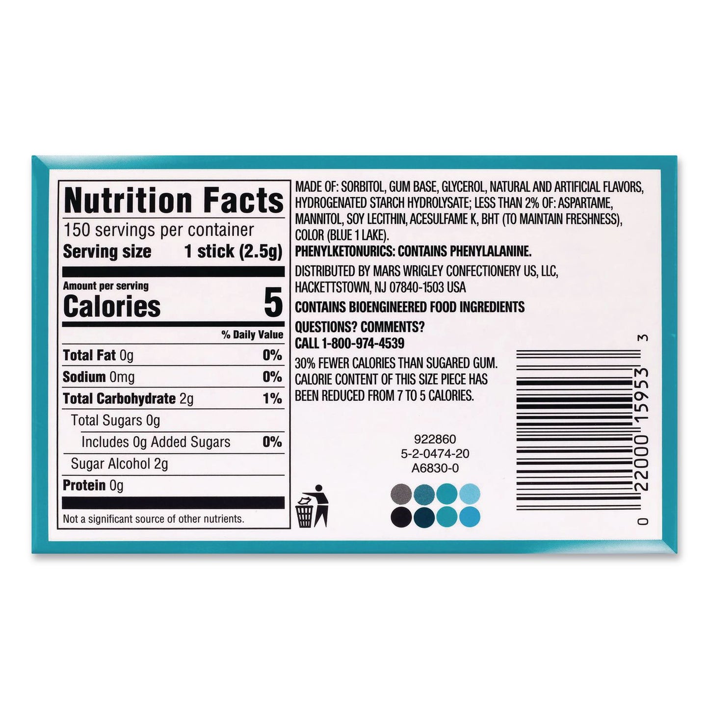 Wrigley's® Extra Polar Ice Sugar-Free Gum, Polar Ice, 15 Sticks/Pack, 10 Packs/Carton (GRR22002641)