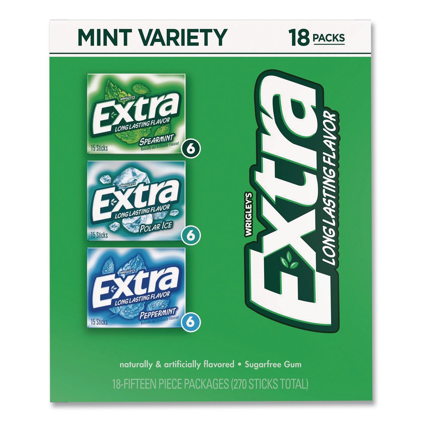 Wrigley's® Extra Mint Variety Sugar-Free Gum, Peppermint/Polar Ice/Spearmint, 15 Sticks/Pack, 18 Packs/Carton (GRR22002643)