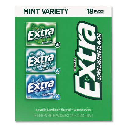 Wrigley's® Extra Mint Variety Sugar-Free Gum, Peppermint/Polar Ice/Spearmint, 15 Sticks/Pack, 18 Packs/Carton (GRR22002643)